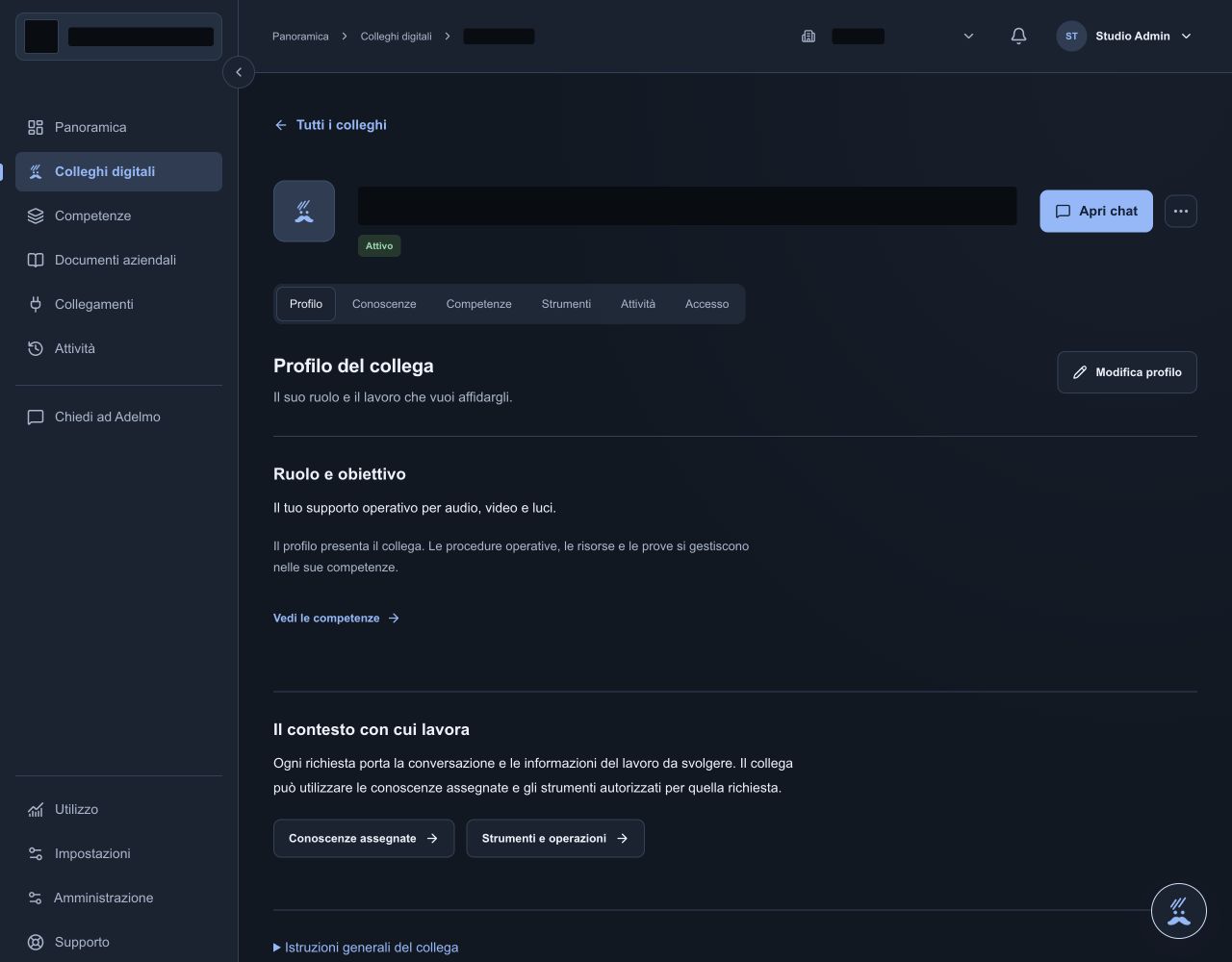 Scheda reale di un collega digitale in Adelmo, con riferimenti aziendali oscurati